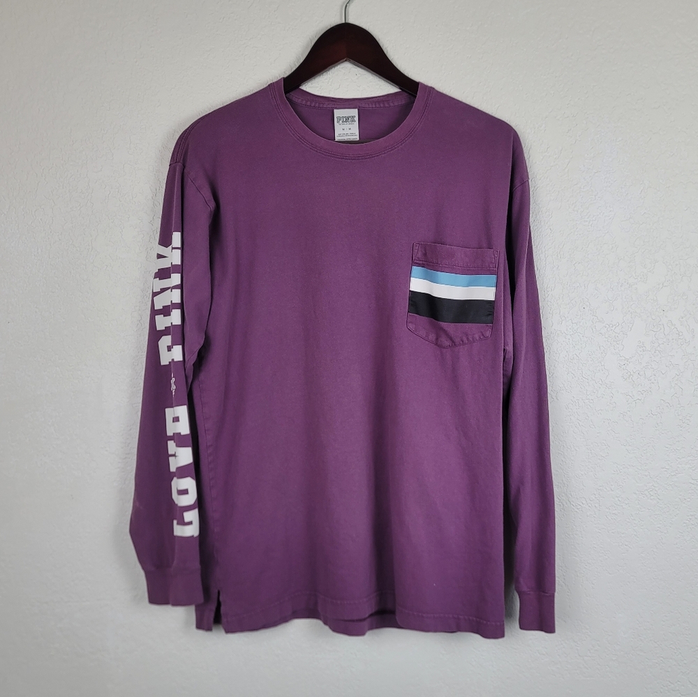 Victoria's Secret PINK Plum Multicolored Striped Pocket Cotton Campus T-Shirt